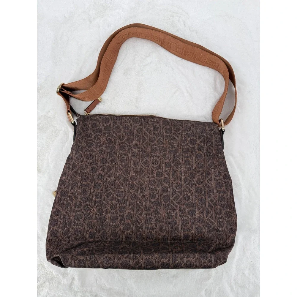Calvin‎ Klein Crossbody Bag Womens Large Brown Monogram Logo Nylon Bag
